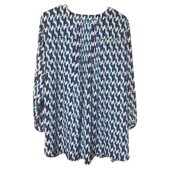 JM Collection Geometric Split V-Neck Blouse 3/4 Sleeve Blue White Women Plus 3X - Picture 2 of 7